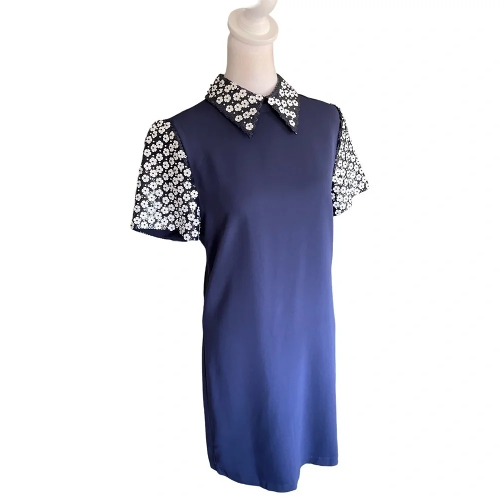 Michael Kors Floral Appliqué Collared Shift Dress Navy Blue and White Size 8
